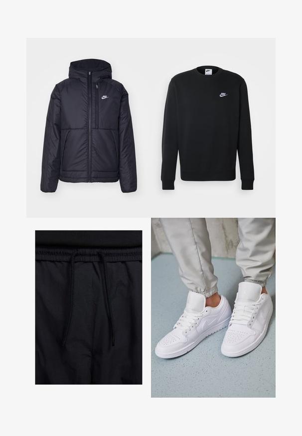 Black, padded Nike jacket with a front zipper and hood. Features a white logo on the left chest and dual front pockets. Smooth exterior texture.; Black sweatshirt made of soft fabric, featuring a round neckline, long sleeves, ribbed cuffs, and a small white Nike logo on the chest.; Black shorts featuring a drawstring waistband, lightweight fabric with a smooth texture, and a simple design without visible logos or patterns.; White leather sneakers feature a perforated toe box, flat laces, padded collar, and the Jordan logo on the tongue. Worn with gray joggers.