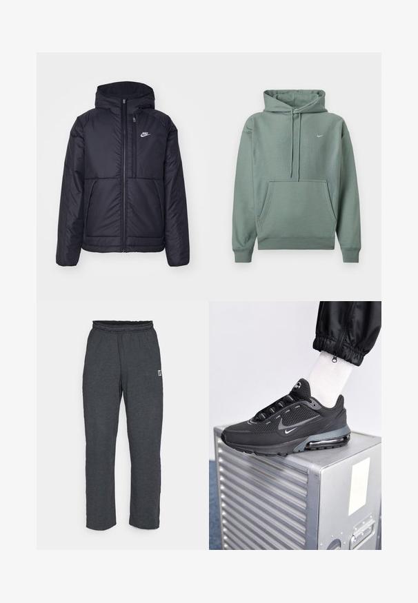 Schwarze, gepolsterte Nike-Jacke mit Frontreißverschluss und Kapuze. Hat ein weißes Logo auf der linken Brust und zwei Fronttaschen. Glattes äußeres Material.; Grüne Kapuzenjacke aus Baumwollmischung, mit einer Fronttasche, Kordelzugkapuze und kleinem weißen Logo auf der Brust. Weiche Textur, lässiges Design.; Dunkelgraue Sweatpants mit einem elastischen Bund und einem kleinen Logo auf der linken Seite. Hergestellt aus einem weichen, strukturierten Stoff. Gerader Bein Schnitt.; Nike Sportswear PULSE - Sneaker low - black/anthracite