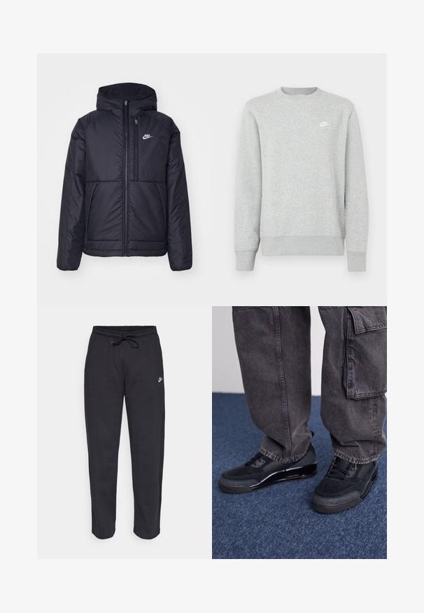 Svart, polstret Nike-jakke med frontglidelås og hette. Har en hvit logo på venstre bryst og doble frontlommer. Glatt ytterside.; Grå genser laget av mykt fleece-materiale, har ribbestrikkede mansjetter og kant, med en liten hvit Nike-logo på brystet.; Sorte sweatpants laget av mykt stoff med elastisk midjebånd, snøring og en liten Nike-logo på venstre lår.; Svarte joggesko med teksturert overflate, glatte detaljer og en kraftig såle, kombinert med mørke, løstsittende cargo-bukser.
