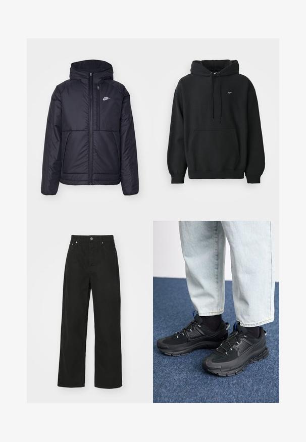 Juodas, paminkštintas Nike džemperis su priekyje užtrauktuku ir gobtuvu. Pasižymi balta logo kairėje krūtinės pusėje ir dviem priekinėmis kišenėmis. Su lygiu išoriniu paviršiumi.; Juodas Nike džemperis su priekine kišenė, su raišteliu reguliuojamu gobtuvu, raibais rankogaliais ir mažu baltu Nike swoosh logotipu ant krūtinės.; Juodi džinsai su tiesios kojos dizainu, turintys penkias kišenes, mygtuko uždarymą ir klasikiniu juosmeniu. Lygi tekstūra.; Juodi sportiniai bateliai su tekstūruota medžiaga ir guminiais padais, su elastingomis raišteliais ir mėlynu akcentu ant kulno. Dėvimi su šviesiai mėlynomis džinsinėmis kelnėmis.