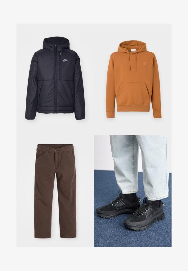 Chaqueta acolchada negra de Nike con cremallera frontal y capucha. Presenta un logo blanco en el lado izquierdo del pecho y dos bolsillos frontales. Textura exterior suave.; Sudadera de algodón marrón con bolsillo frontal, capucha con cordón y puños acanalados. Presenta un pequeño logo de la marca bordado en el pecho.; Pantalones marrones de pierna recta con bolsillos frontales y laterales, cierre de botón y pasadores para cinturón, dispuestos sobre un fondo blanco.; Zapatillas deportivas negras con tejido texturizado y suelas de goma, con cordones elásticos y un acento azul en el talón. Combinadas con pantalones de mezclilla claros.