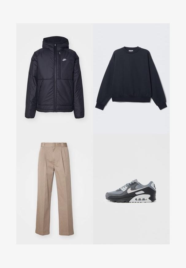 Black, padded Nike jacket with a front zipper and hood. Features a white logo on the left chest and dual front pockets. Smooth exterior texture.; Dark navy sweatshirt made of cotton blend, featuring a round neckline, drop shoulders, ribbed cuffs, and elasticized hem. Minimalist design.; Beige, high-waisted trousers with a wide-leg design. Features two front pleats and a smooth texture. Standard length with a clean finish.; Gray sneaker featuring a mix of mesh and suede materials, with a black sole and visible air unit. Notable light gray accents and laces.