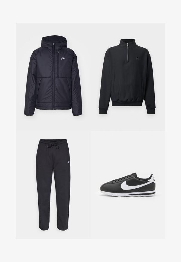 Jachetă Nike neagră, căptușită, cu fermoar pe față și glugă. Prezintă un logo alb pe pieptul stâng și două buzunare frontale. Textură exterioară netedă.; Hanorac negru cu un guler înalt cu fermoar, mâneci lungi, buzunare laterale și talie elastică. Prezintă un mic logo alb Nike pe piept.; Pantaloni de trening negri dintr-un material moale, cu talie elastică, șnur de ajustare și un mic logo Nike pe coapsa stângă.; Sneakers negre din piele cu un swoosh și accente albe. Prezintă un vârf rotunjit, închidere cu șireturi și o talpă din cauciuc alb texturată.