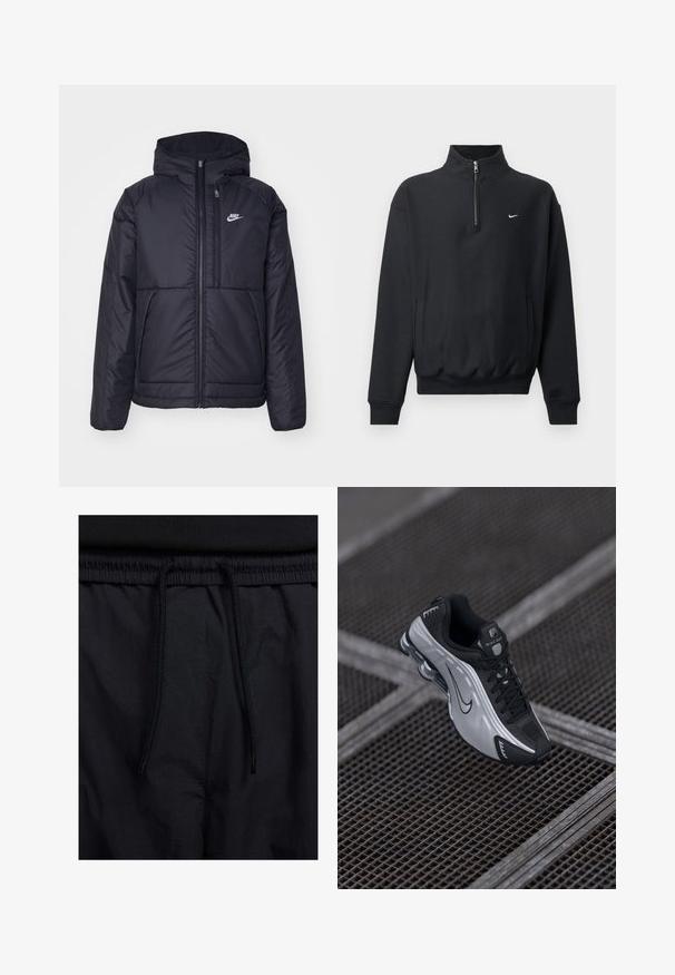 Casaco Nike preto, acolchoado, com fecho à frente e capuz. Apresenta um logo branco no lado esquerdo do peito e dois bolsos frontais. Textura exterior lisa.; Sweatshirt preto com colarinho alto de fecho éclair, mangas longas, bolsos laterais e cintura elástica. Apresenta um pequeno logo branco da Nike no peito.; Calções pretos com um cós elástico ajustável, fabricados em tecido leve com uma textura suave e um design simples, sem logótipos ou padrões visíveis.; Shoe atlético Nike com um design em preto e prata. Feito de material sintético, com detalhes em malha e uma sola de suporte com amortecimento de ar visível.