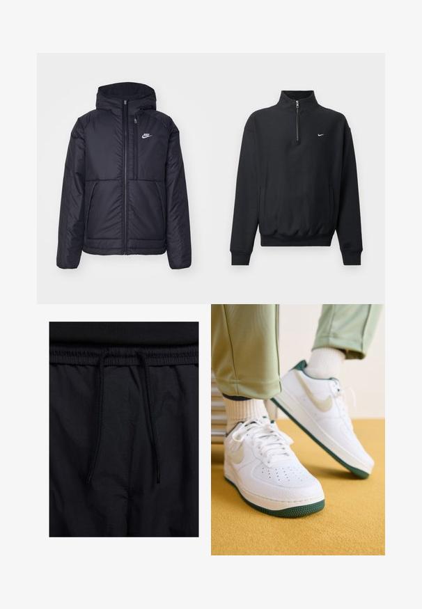 Black, padded Nike jacket with a front zipper and hood. Features a white logo on the left chest and dual front pockets. Smooth exterior texture.; Black sweatshirt with a high zipper collar, long sleeves, side pockets, and elastic waistband. Features a small white Nike logo on the chest.; Black shorts featuring a drawstring waistband, lightweight fabric with a smooth texture, and a simple design without visible logos or patterns.; Nike Sportswear AIR FORCE 1 - Trainers - white/sea glass/vintage green/summit white/cosmic clay