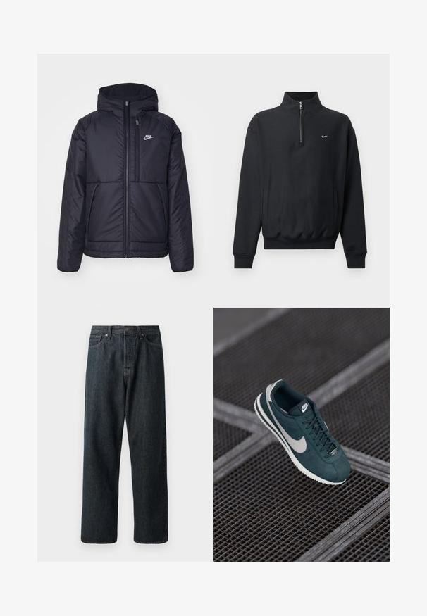 Black, padded Nike jacket with a front zipper and hood. Features a white logo on the left chest and dual front pockets. Smooth exterior texture.; Black sweatshirt with a high zipper collar, long sleeves, side pockets, and elastic waistband. Features a small white Nike logo on the chest.; Dark denim jeans with a straight-leg design, featuring a traditional five-pocket layout and a metal button closure at the waist.; Nike sneaker in dark green suede with gray accents, featuring rounded toe, flat laces, and a textured rubber sole. Logo on tongue.