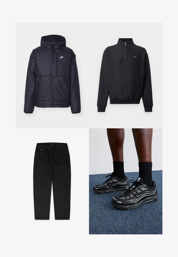 Must musta Nike jope, millel on ees lukuga avamine ja kapuuts. Vasakpoolne rind on kaunistatud valge logoga ning ees on kaks taskut. Sile välimine tekstuur.; Must mustre med kõrge lukuga krae, pikad varrukad, küljetaskud ja elastne vöökoht. Rinnal on väike valge Nike logo.; EIGHTYFIVE WITH LOOP - Baggy fit teksad - black washed; Mustad mustad Nike'i jalanõud on varustatud võrkstruktuuriga pealispinna, aktsenttriipude, tekstuuritud paelte ja musta kummist tallaga. Kannan mustade ribakudumiste sokkidega.
