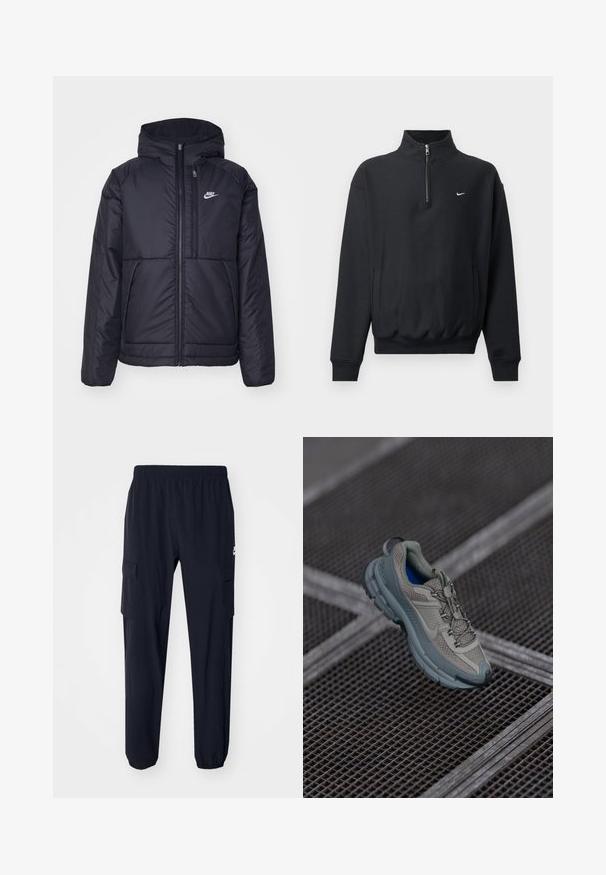 Črna, podložena Nike jakna z sprednjim zadrgo in kapuco. Ima bel logo na levem prsnem delu in dvojna sprednja žepa. Gladka zunanja tekstura.; Črna majica s kapuco in visokim zadrgo, dolgi rokavi, stranska žepa in elastičen pas. Na prsih se nahaja majhna bela Nike oznaka.; Mornarske cargo hlače iz lahkega materiala z elastičnim pasom, opremljene z dvema stranskima žepoma in elastičnimi manšetami na gležnjih.; Bež in siva športna čevlja z teksturiranim mrežastim zgornjim delom, okroglem nosu in gumijastim podplatom, opremljena z vezalkami in oblazinjenim ovratnikom.