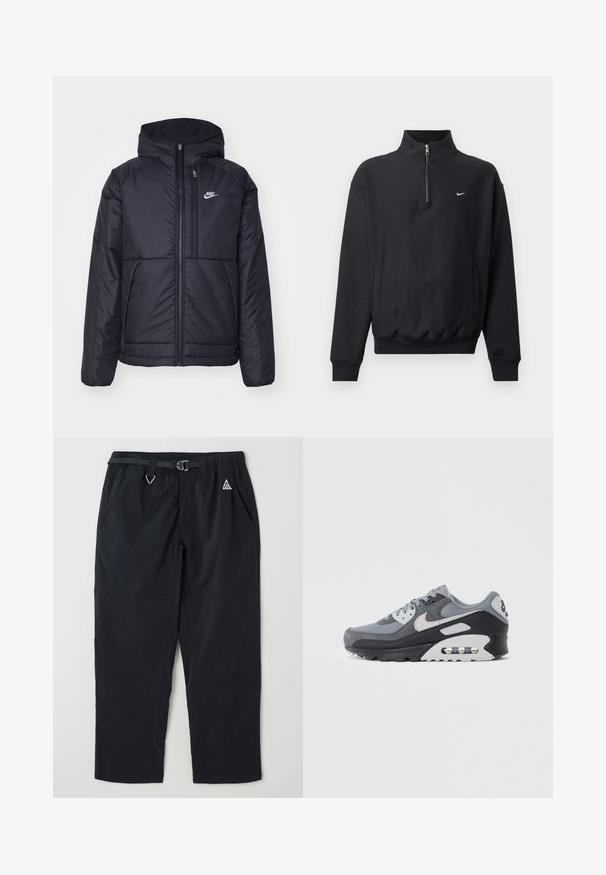 Črna, podložena Nike jakna z sprednjim zadrgo in kapuco. Ima bel logo na levem prsnem delu in dvojna sprednja žepa. Gladka zunanja tekstura.; Črna majica s kapuco in visokim zadrgo, dolgi rokavi, stranska žepa in elastičen pas. Na prsih se nahaja majhna bela Nike oznaka.; Črne zunanje hlače iz lahkega materiala, z elastičnim pasom s pasom, dvema stranskima žepoma in diskretno podrobnostjo logotipa.; Siva superga z mešanico mrežaste in antilop materiala, s črnim podplatom in vidno zračno enoto. Izstopajo svetlo sive poudarki in vezalke.