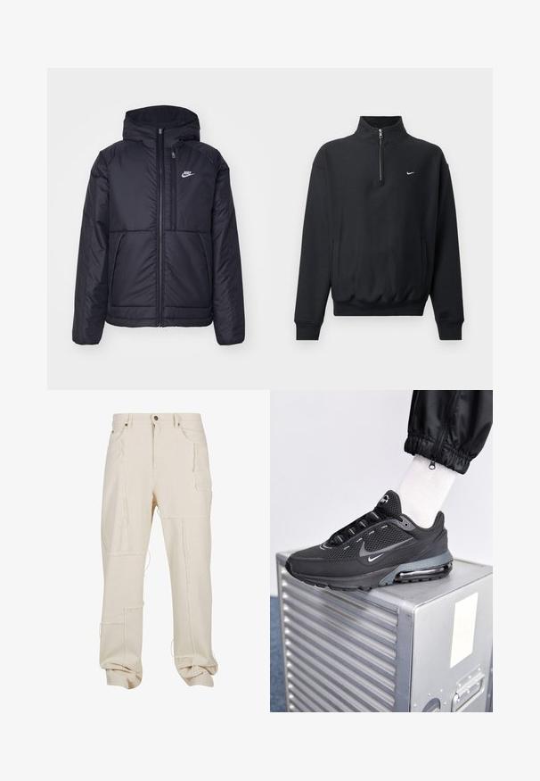 Černá zateplená bunda Nike s předním zipem a kapucí. Na levé straně hrudi má bílé logo a dvojité přední kapsy. Hladký povrch.; Černá mikina se sperkovým límcem, dlouhými rukávy, bočními kapsami a elastickým pasem. Na hrudi je malý bílý logotyp Nike.; Béžové bavlněné cargo kalhoty s několika kapsami, hrubými švy, volným střihem a ohrnutými nohavicemi. Texturovaná tkanina s viditelnými švy.; Nike Sportswear PULSE - Tenisky - black/anthracite