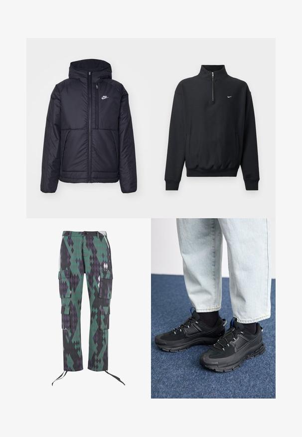 Fekete, párnázott Nike dzseki elülső cipzárral és kapucnival. A bal mellen fehér logó található, valamint két elülső zseb. Simának tűnő külső felület.; Fekete kapucnis pulóver, magas cipzárral a nyakán, hosszú ujjaival, oldalsó zsebekkel és rugalmas derékrésszel. A mellrészen egy kis fehér Nike logó található.; Zöld, lila és fekete gyémántmintás cargo nadrág. Hat zsebből, állítható nadrágszárakkal és gombos derékkal rendelkezik.; Fekete sportcipők texturált anyaggal és gumitalppal, elasztikus fűzőkkel és kék kiegészítővel a saroknál. Világos farmernadrággal viselve.