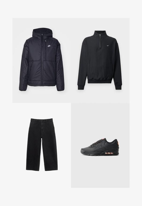 Černá zateplená bunda Nike s předním zipem a kapucí. Na levé straně hrudi má bílé logo a dvojité přední kapsy. Hladký povrch.; Černá mikina se sperkovým límcem, dlouhými rukávy, bočními kapsami a elastickým pasem. Na hrudi je malý bílý logotyp Nike.; Černé džínové kalhoty širokého střihu s vysokým pasem, s předním zapínáním na knoflík a standardními kapsami. Hladká textura a čisté linie.; Tenisky Nike Air Max 90 s černým syntetickým svrškem, texturovaným povrchem, šněrováním, viditelnou vzduchovou jednotkou a oranžovým logem.