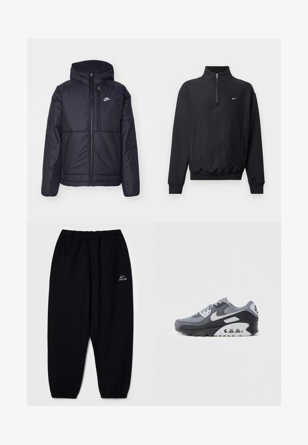 Crna Nike jakna s podstavom, dugmadi sprijeda i kapuljačom. Ima bijeli logotip na lijevoj strani prsnog koša i dva prednja džepa. Glatka vanjska tekstura.; Crna dukserica s visokim zatvaračem, dugim rukavima, bočnim džepovima i elastičnom struknom trakom. Sadrži malo bijelo Nike logo na prsima.; Crne trenirke s elastičnom trakom u struku, dva bočna džepa i uskim manžetama. Ima mali bijeli logo s lijeve strane.; Sivi tenis s mješavinom mrežastih i brušenih materijala, s crnim potplatom i vidljivom zračnom jedinicom. Primjetni svijetlosivi detalji i vezice.
