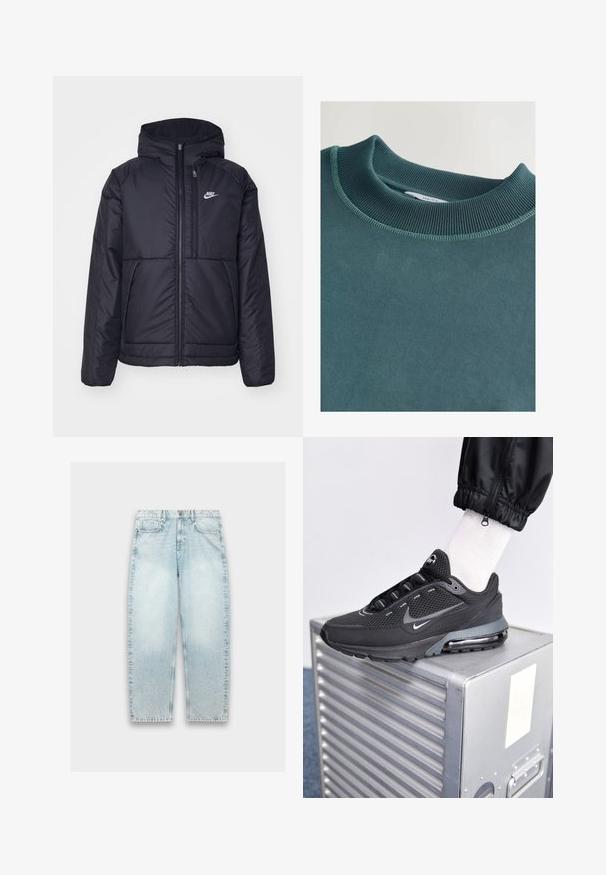 Zwarte, gewatteerde Nike-jas met een voorkant met ritssluiting en capuchon. Kenmerkt zich door een wit logo op de linkerborst en dubbele frontzakken. Gladde buitenkant.; Teal sweatshirt met een ribbelachtige ronde halslijn en textuurstof. Voorzien van platte naden en een label in de kraag.; Lichtblauwe denim jeans met een losse pasvorm, rechte pijpen, vervaagd textuur, vijf-pocket ontwerp en metalen knoopsluiting bij de taille.; Nike Sportswear PULSE - Sneakers laag - black/anthracite