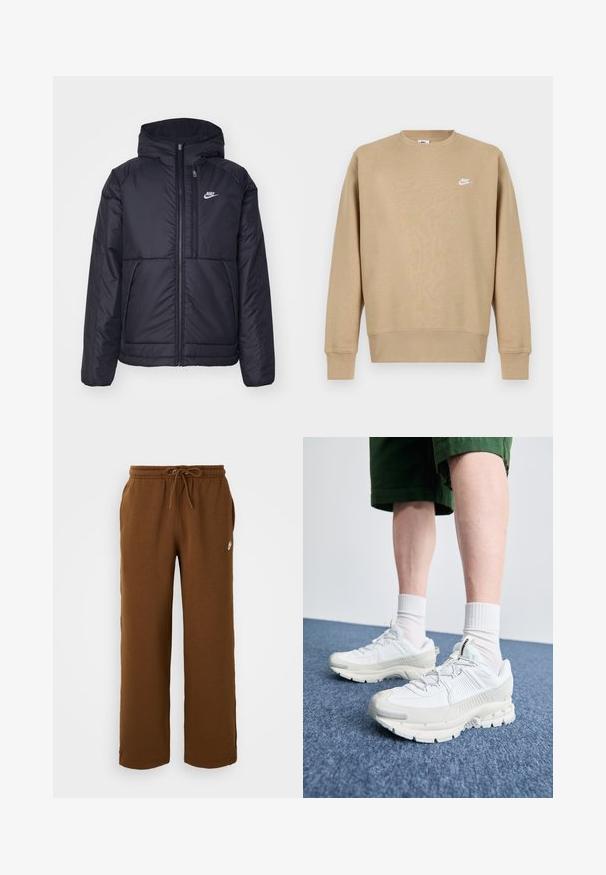 Casaco Nike preto, acolchoado, com fecho à frente e capuz. Apresenta um logo branco no lado esquerdo do peito e dois bolsos frontais. Textura exterior lisa.; Sweatshirt Nike bege com decote redondo, mangas longas e um logo branco no peito. O tecido parece suave e tem uma textura lisa.; Calças de moletão castanhas feitas de tecido macio, apresentando um cós elástico com cordão, bolsos laterais e um logo branco no lado esquerdo.; Sapatos atléticos brancos com sobreposições texturizadas, sola espessa e detalhes em cinza. Usados com meias brancas até ao tornozelo e calções verdes sobre uma superfície azul.