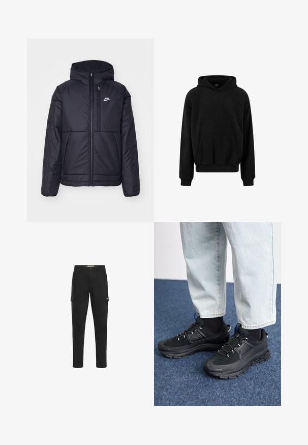 Črna, podložena Nike jakna z sprednjim zadrgo in kapuco. Ima bel logo na levem prsnem delu in dvojna sprednja žepa. Gladka zunanja tekstura.; Črna kapuca z naramnicami iz teksturiranega materiala, z kenguru žepom ter rebrastimi zapestji in robom. Preprost, sproščen dizajn.; Črne cargo hlače s ozko prileganjem, ki imajo dve stranski žepi in en hrbtni žep, narejene iz trpežnega bombažnega blaga.; Črne športne čevlje z teksturirano tkanino in gumijastimi podplati, ki imajo elastične vezalke ter modre poudarke na peti. Nosi se z lahkimi denim hlačami.