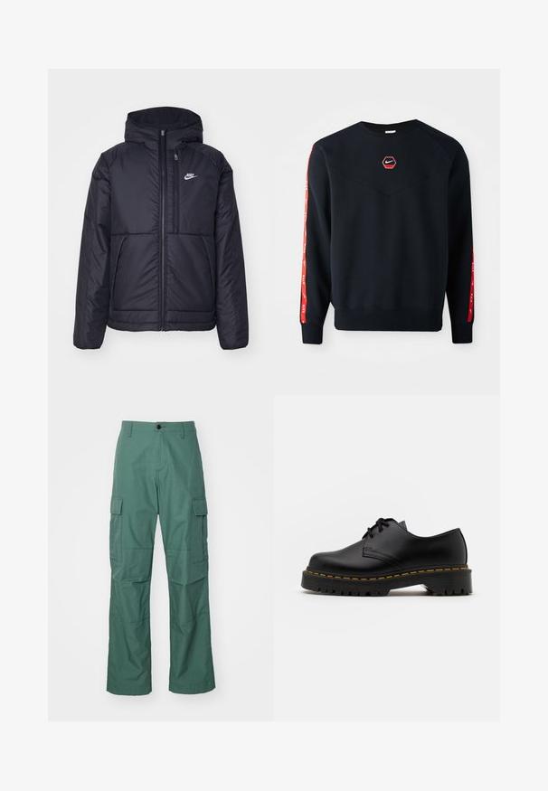 Musta, pehmustettu Nike-takki, jossa on etuvetoketju ja huppu. Vasemmassa rinnassa on valkoinen logo ja takissa on kaksinkertaiset etutaskut. Pintakoe on sileä.; Laivastonsininen huppari, jossa on kuusikulmainen punainen Nike-logo rinnassa. Hupparissa on punaisia yksityiskohtia hihoissa ja se on valmistettu teksturoidusta, pehmeästä kankaasta.; Tummanvihreät cargo-housut, jotka on valmistettu tekstuuripinnoitteisesta kankaasta. Ominaisuuksiin kuuluvat sivu cargo-taskut ja suora lahkeensuukuosi, jossa on nappikiinnitys.; Musta nahkainen nauhakenkä, jossa on pyöreä kärki, kuvioitu kumipohja ja keltaiset tikit ympäri pohjaa. Litteä muotoilu ja sileä pinta.