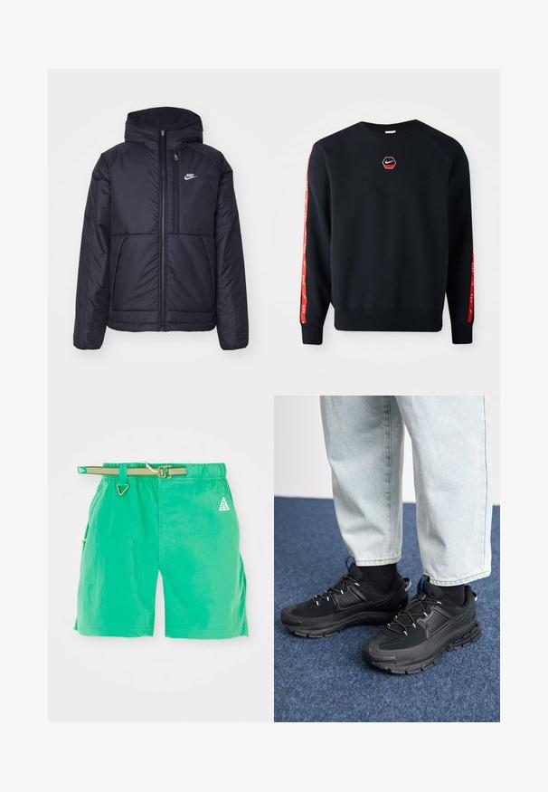 Casaco Nike preto, acolchoado, com fecho à frente e capuz. Apresenta um logo branco no lado esquerdo do peito e dois bolsos frontais. Textura exterior lisa.; Sweatshirt azul-marinho com um logo hexagonal vermelho da Nike no peito. Apresenta detalhes vermelhos ao longo das mangas e um tecido texturizado e suave.; Calções de banho verdes com um acabamento texturizado, apresentando um cinto ajustável, bolsos laterais e um logótipo triangular na parte frontal esquerda.; Sapatilhas desportivas pretas com tecido texturizado e solas em borracha, apresentando atacadores elásticos e um detalhe azul no calcanhar. Usadas com calças de ganga claras.