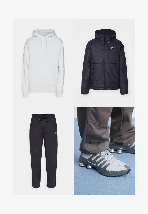 Svart, polstret Nike-jakke med frontglidelås og hette. Har en hvit logo på venstre bryst og doble frontlommer. Glatt ytterside.; Nike Sportswear SPORTSWEAR CLUB FLEECE - Sweatshirt - pure platinum/white; Sorte sweatpants laget av mykt stoff med elastisk midjebånd, snøring og en liten Nike-logo på venstre lår.; Grå og sølv Nike Shox-sneakers har et slankt design, med mesh- og syntetiske materialer, en rund tå og en polstret krage.