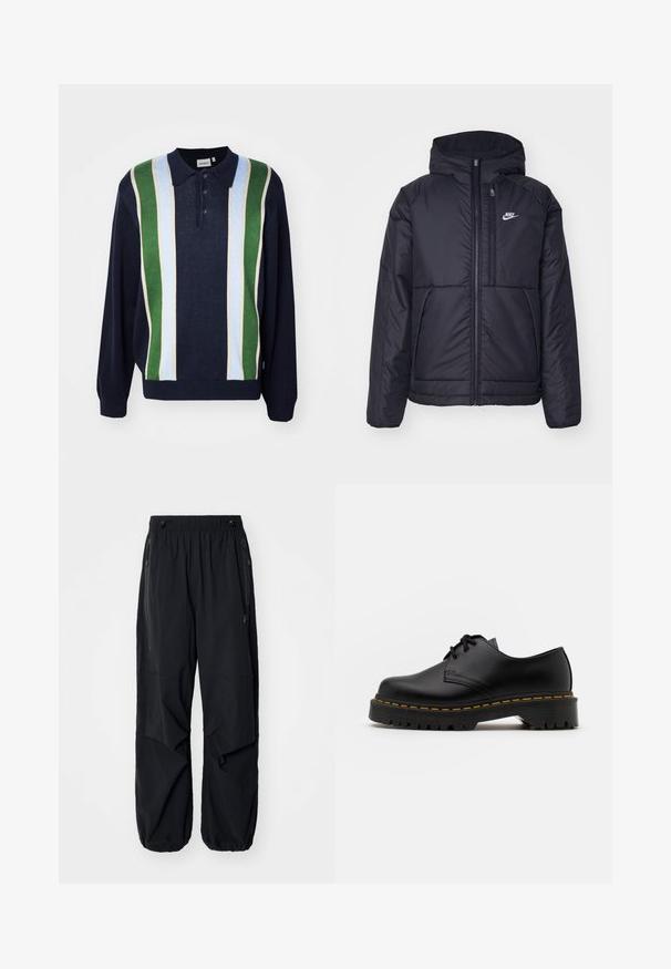 Fekete, párnázott Nike dzseki elülső cipzárral és kapucnival. A bal mellen fehér logó található, valamint két elülső zseb. Simának tűnő külső felület.; Carhartt WIP ARLO - Pulóver - dark navy/kendricks; Fekete, könnyű munkásnadrág elasztikus derékrésszel, oldalsó cipzárokkal és tágas zsebekkel. Lazán illeszkedik, és szűkülő bokákkal rendelkezik.; Fekete bőr, fűzős cipő lekerekített orral, texturált gumitalppal és sárga varrással az alján. Lapos design és sima felület.