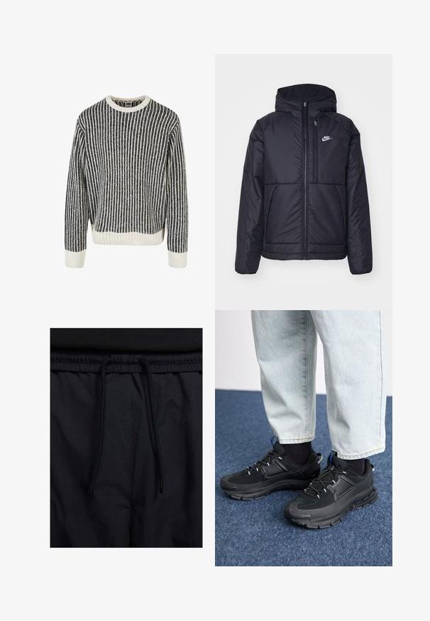 Svart, vadderad Nike-jacka med dragkedja framtill och huva. Har en vit logotyp på vänster bröst och dubbla framfickor. Slät yttextur.; Svart och vit randig stickad tröja med rund halsringning, ribbad struktur och långa ärmar. Nederkanten och muddarna har solida vita accenter.; Svarta shorts med dragsko i midjan, lättviktig tyg med en slät yta och en enkel design utan synliga logotyper eller mönster.; Svarta sportskor med texturerat tyg och gummisulor, med elastiska snörningar och en blå detalj på hälen. Bärs med ljusa jeans.