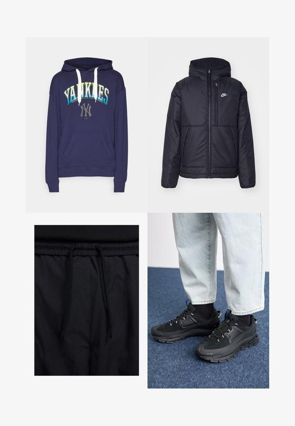 Giacca Nike nera, imbottita, con zip frontale e cappuccio. Presenta un logo bianco sul lato sinistro del petto e doppie tasche frontali. Texture esterna liscia.; Felpa blu navy con lacci bianchi, con la scritta "YANKEES" in caratteri sfumati e un logo al centro, tessuto morbido, tasca frontale.; Shorts neri con vita regolabile tramite coulisse, tessuto leggero con una texture liscia e un design semplice senza loghi o motivi visibili.; Scarpe sportive nere con tessuto testurizzato e suole in gomma, dotate di lacci elastici e un accento blu sul tallone. Indossate con pantaloni in denim chiaro.