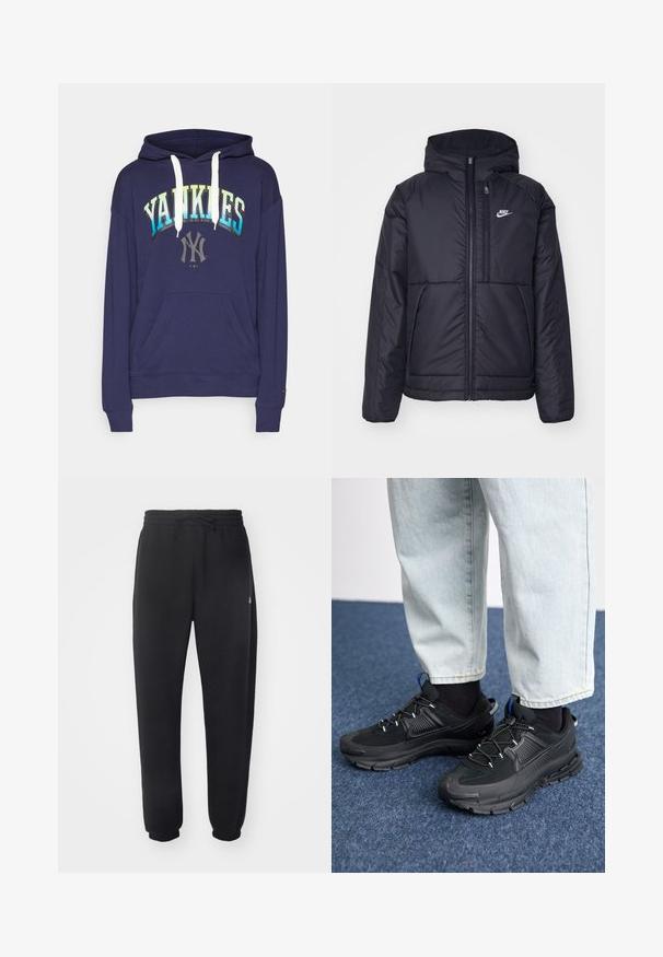 Juodas, paminkštintas Nike džemperis su priekyje užtrauktuku ir gobtuvu. Pasižymi balta logo kairėje krūtinės pusėje ir dviem priekinėmis kišenėmis. Su lygiu išoriniu paviršiumi.; Tamsiai mėlynas džemperis su baltais raišteliais, su užrašu "YANKEES" gradientiniu šriftu ir logotipu centre, minkšta medžiaga, priekinė kišenė.; Juodi sportiniai kelniai, pagaminti iš minkštos medžiagos, su elastinga juosmena, raišteliu ir siaurėjantys ties apačia, su subtiliu logotipu šone.; Juodi sportiniai bateliai su tekstūruota medžiaga ir guminiais padais, su elastingomis raišteliais ir mėlynu akcentu ant kulno. Dėvimi su šviesiai mėlynomis džinsinėmis kelnėmis.