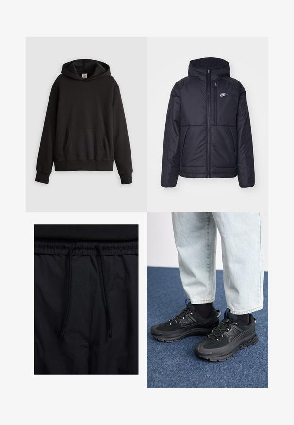 Svart, polstret Nike-jakke med frontglidelås og hette. Har en hvit logo på venstre bryst og doble frontlommer. Glatt ytterside.; Svart Levi's hettegenser med frontlomme og subtilt brodert logo på brystet, vist mot en enkel lys bakgrunn.; Sorte shorts med snor i livet, lett stoff med en jevn tekstur, og et enkelt design uten synlige logoer eller mønstre.; Svarte sportssko med teksturert stoff og gummisåler, med elastiske lisser og en blå detalj på hælen. Brukt med lyse denimbukser.