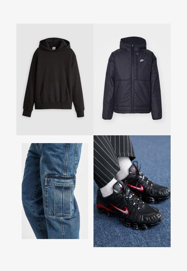 Fekete, párnázott Nike dzseki elülső cipzárral és kapucnival. A bal mellen fehér logó található, valamint két elülső zseb. Simának tűnő külső felület.; Fekete Levi's kapucnis pulóver elülső kenguruzsák zsebbel és diszkrét logóval hímzéssel a mellrészen, sima világos háttér előtt.; Farmernadrág, amely laza szabással, mély zsebekkel az oldalán, fakó kék színben, strapabíró varrással és enyhén textúrált anyaggal rendelkezik.; Fekete sportcipők piros és ezüst kiegészítőkkel, hálós és textúrázott szintetikus anyagokból, fűzős kialakítással és látható párnázott talppal.