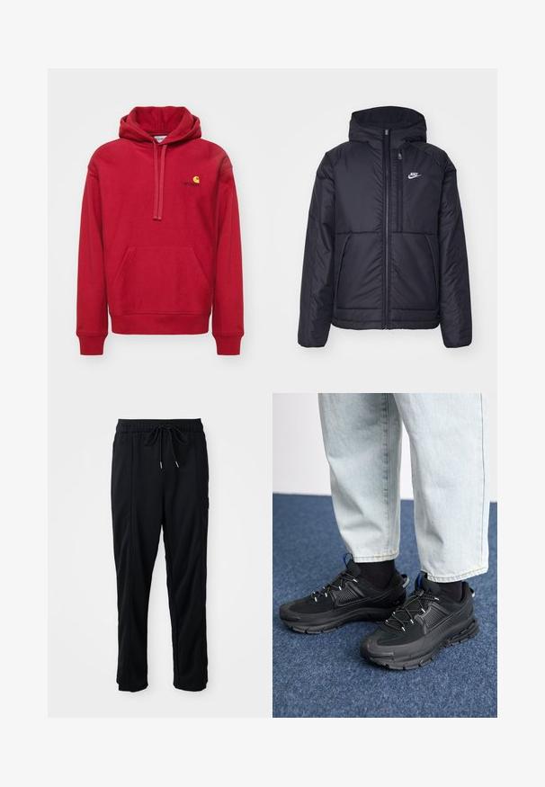 Must musta Nike jope, millel on ees lukuga avamine ja kapuuts. Vasakpoolne rind on kaunistatud valge logoga ning ees on kaks taskut. Sile välimine tekstuur.; Carhartt WIP HOODED AMERICAN SCRIPT - Kapuutsiga pusa - tuscany; Mustad nööridega vööga igapäevased mustad püksid, külgseamipocketid ja sirge sääre lõikega, ühtlasel taustal.; Mustad mustad jooksukingad, millel on tekstureeritud kangas ja kummist tallad, elastsed nöörid ning sinine aksent kandadel. Kandmine heledate teksadega.