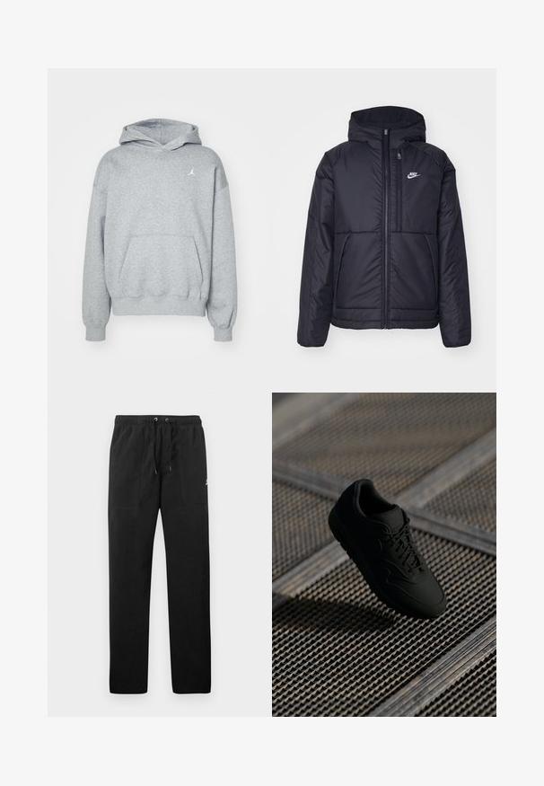Fekete, párnázott Nike dzseki elülső cipzárral és kapucnival. A bal mellen fehér logó található, valamint két elülső zseb. Simának tűnő külső felület.; Szürke kapucnis pulóver, puha anyagból készült, nagy első zsebbel, bordás mandzsettákkal és egy kis fehér logóval a bal mellen.; Fekete, bolyhos anyagú melegítők, elasztikus derékkal és húzózsinórral, két elülső zsebbel és egy kisméretű logóval a combján.; Fekete sneaker sima felülettel, kerek orral, fűzős elülső résszel és diszkrét logóval. Textúrázott, ipari háttér előtt bemutatva.