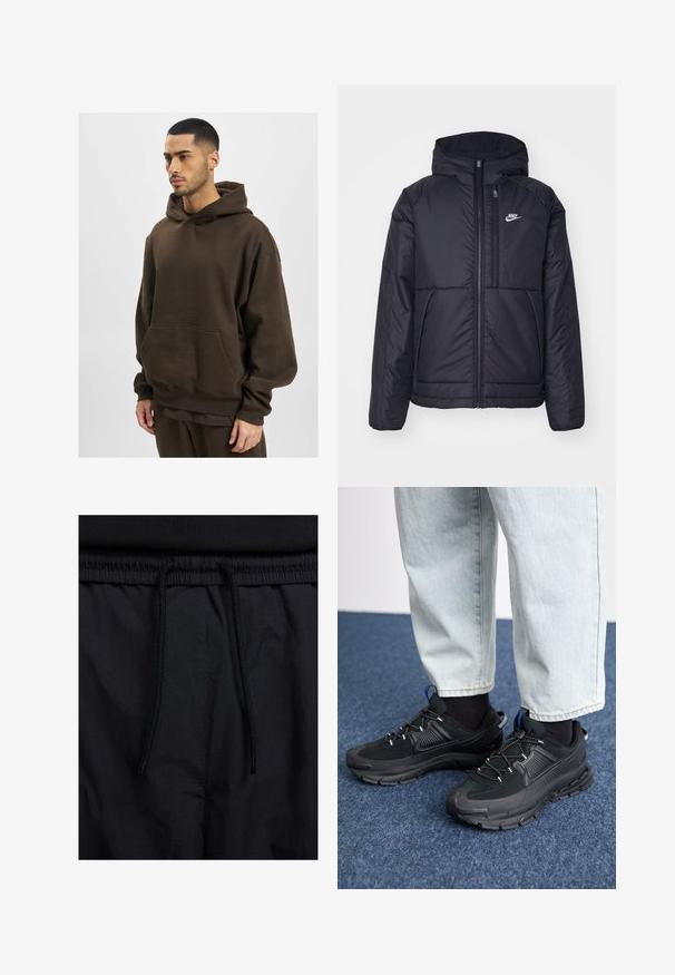 Black, padded Nike jacket with a front zipper and hood. Features a white logo on the left chest and dual front pockets. Smooth exterior texture.; Brown hooded sweatshirt made of soft fabric, featuring a large front pocket, ribbed cuffs, and loose fit. Simple design, no visible patterns.; Black shorts featuring a drawstring waistband, lightweight fabric with a smooth texture, and a simple design without visible logos or patterns.; Black athletic shoes with textured fabric and rubber soles, featuring elastic laces and a blue accent on the heel. Worn with light denim pants.