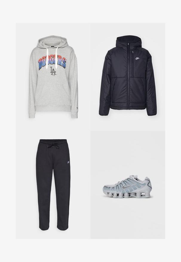 Melna, pufota Nike jaka ar priekšējo rāvējslēdzēju un kapuci. Iezīmēta ar baltu logotipu uz kreisās krūtis un divām priekšējām kabatām. Gluda ārējā tekstūra.; Pelēks kapucis ar priekšējo kangaroo kabatu. "DODGERS" gradienti sarkanas un zils burtiem, ar "LA" logo zem tā. Regulējama šņorīte kapuces augšdaļā.; Melnas sporta bikses, kas izgatavotas no mīksta auduma, ar elastīgu jostu, auklu un mazu Nike logo uz kreisā augšstilba.; Gaiši pelēki Nike snekeri ar teksturētu virsotni, sieta detaļām un unikālu mīkstinātu zoli, kas aprīkota ar vairākiem noapaļotiem podiem.