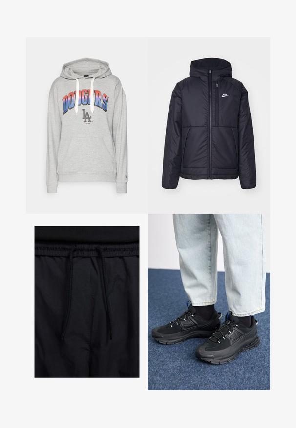 Casaco Nike preto, acolchoado, com fecho à frente e capuz. Apresenta um logo branco no lado esquerdo do peito e dois bolsos frontais. Textura exterior lisa.; Fato cinzento com bolso canguru à frente. "DODGERS" em letras em degradê vermelho e azul, com o logótipo "LA" em baixo. Capuz ajustável com cordão.; Calções pretos com um cós elástico ajustável, fabricados em tecido leve com uma textura suave e um design simples, sem logótipos ou padrões visíveis.; Sapatilhas desportivas pretas com tecido texturizado e solas em borracha, apresentando atacadores elásticos e um detalhe azul no calcanhar. Usadas com calças de ganga claras.