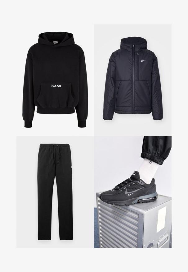 Černá zateplená bunda Nike s předním zipem a kapucí. Na levé straně hrudi má bílé logo a dvojité přední kapsy. Hladký povrch.; Černá mikina s kapucí vyrobená z bavlněné směsi, se spodní kapsou a bílým nápisem "KANI" na kapse. Hladký lem a manžety.; Černé teplákové kalhoty vyrobené z fleecu, s elastickým pasem a šňůrkami, dvěma předními kapsami a malým logem na stehně.; Nike Sportswear PULSE - Tenisky - black/anthracite