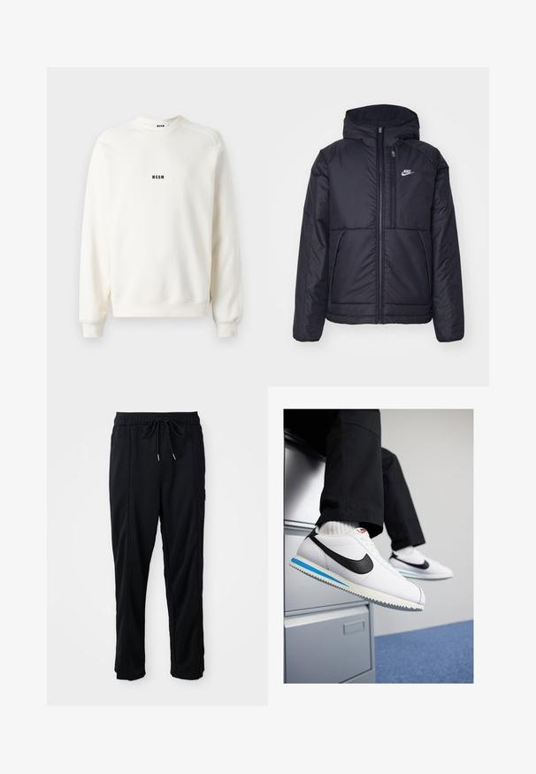 Giacca Nike nera, imbottita, con zip frontale e cappuccio. Presenta un logo bianco sul lato sinistro del petto e doppie tasche frontali. Texture esterna liscia.; Felpa color crema con collo a girocollo, polsini e orlo a coste. Presenta un piccolo logo nero "MSGM" sul petto. Texture liscia.; Pantaloni casual neri con elastico in vita, tasche laterali e taglio dritto su uno sfondo uniforme.; Sneakers in pelle bianca con uno swoosh Nike nero, suola in gomma leggera blu e grigia, e un classico design con lacci. I piedi poggiano su un armadietto.