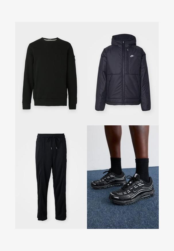 Must musta Nike jope, millel on ees lukuga avamine ja kapuuts. Vasakpoolne rind on kaunistatud valge logoga ning ees on kaks taskut. Sile välimine tekstuur.; Mustansinine ümmarguse kaelusega särk pika varrukaga, soonikkäised ja -äär. Pehme kangas, kus vasakul varrukal on sildike ning minimaalne disain.; Mustad nööridega vööga igapäevased mustad püksid, külgseamipocketid ja sirge sääre lõikega, ühtlasel taustal.; Mustad mustad Nike'i jalanõud on varustatud võrkstruktuuriga pealispinna, aktsenttriipude, tekstuuritud paelte ja musta kummist tallaga. Kannan mustade ribakudumiste sokkidega.