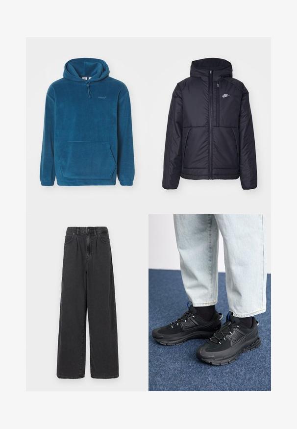 Giacca Nike nera, imbottita, con zip frontale e cappuccio. Presenta un logo bianco sul lato sinistro del petto e doppie tasche frontali. Texture esterna liscia.; Felpa blu in pile con tasca a marsupio, cappuccio regolabile con cordino e polsini elasticizzati. Presenta un logo discreto sul petto.; Pantaloni in denim neri a gamba larga e vita alta con chiusura frontale a bottoni e zip, dotati di tasche laterali e una texture liscia.; Scarpe sportive nere con tessuto testurizzato e suole in gomma, dotate di lacci elastici e un accento blu sul tallone. Indossate con pantaloni in denim chiaro.