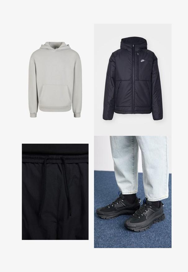 Melna, pufota Nike jaka ar priekšējo rāvējslēdzēju un kapuci. Iezīmēta ar baltu logotipu uz kreisās krūtis un divām priekšējām kabatām. Gluda ārējā tekstūra.; Gai pelēks kapucis izgatavots no mīksta auduma, ar priekšējo kabatu, regulējamu kapuci un ribotiem piedurknēm un apakšmalu. Klasiska pulovera dizains.; Melni šorti ar sašūtu jostu, viegls audums ar gludu tekstūru un vienkāršs dizains bez redzamiem logotipiem vai paraugiem.; Melni sporta apavi ar strukturētu audumu un gumijas zoli, ar elastīgām auklām un zilu akcentu uz papēža. Nēsāti ar gaišām džinsu biksēm.