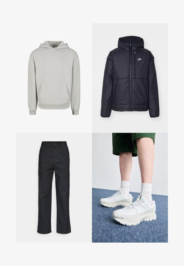 Giacca Nike nera, imbottita, con zip frontale e cappuccio. Presenta un logo bianco sul lato sinistro del petto e doppie tasche frontali. Texture esterna liscia.; Felpa grigia chiara realizzata in tessuto morbido, con tasca frontale, cappuccio con coulisse e polsini e orlo a coste. Design classico a felpa.; Pantaloni cargo neri con un design a gamba dritta, dotati di tasche laterali e un tessuto testurizzato. Chiusura con bottone in vita per una vestibilità sicura.; Scarpe da ginnastica bianche con sovrapposizioni testurizzate, suola spessa e accenti grigi. Indossate con calze corte bianche e pantaloni corti verdi su una superficie blu.