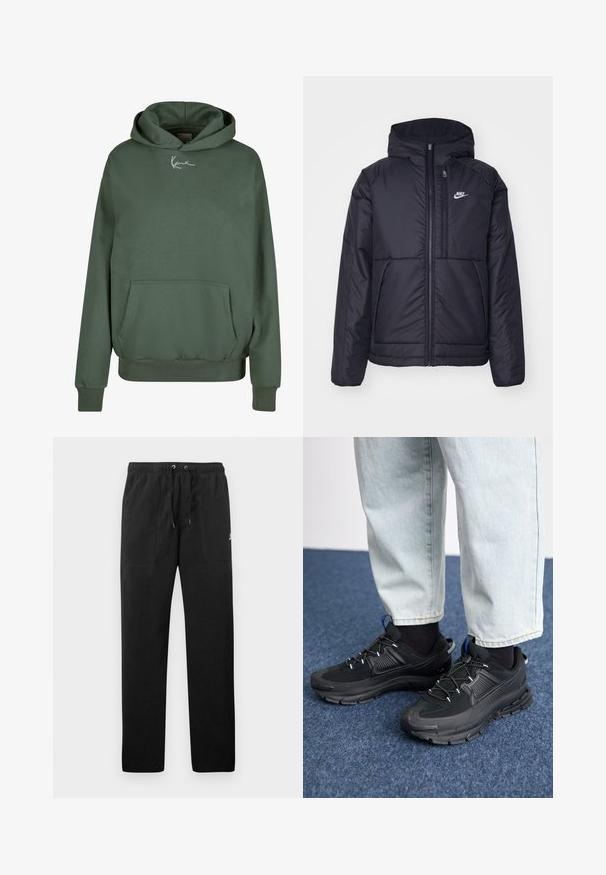 Čierna, polstrovaná bunda Nike so zipsom vpredu a kapucňou. Na ľavej strane hrude sa nachádza biele logo a sú tu dva predné vrecká. Hladký vonkajší povrch.; Zelená mikina s kapucňou vyrobená z mäkkej tkaniny, s prednou kapsou, rebrovanými manžetami a bielym logom na hrudi.; Čierne teplákové nohavice vyrobené z flísu, s elastickým pásom a šnúrkami na zaväzovanie, dvoma prednými vreckami a malým logom na stehne.; Čierne športové topánky s textúrovanou tkaninou a gumovou podrážkou, so elastickými šnúrkami a modrým akcentom na päte. Nosia sa s svetlými riflami.