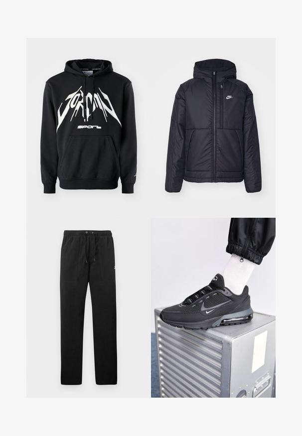 Giacca Nike nera, imbottita, con zip frontale e cappuccio. Presenta un logo bianco sul lato sinistro del petto e doppie tasche frontali. Texture esterna liscia.; Felpa nera con cappuccio in cotone, dotata di tasca frontale a marsupio. Presenta il logo bianco "JORDAN SPORT" e cappuccio con cordini. Tessuto testurizzato.; Pantaloni sportivi neri in felpa, dotati di cintura elastica con cordini, due tasche anteriori e un piccolo logo sulla coscia.; Nike Sportswear PULSE - Sneakers basse - black/anthracite