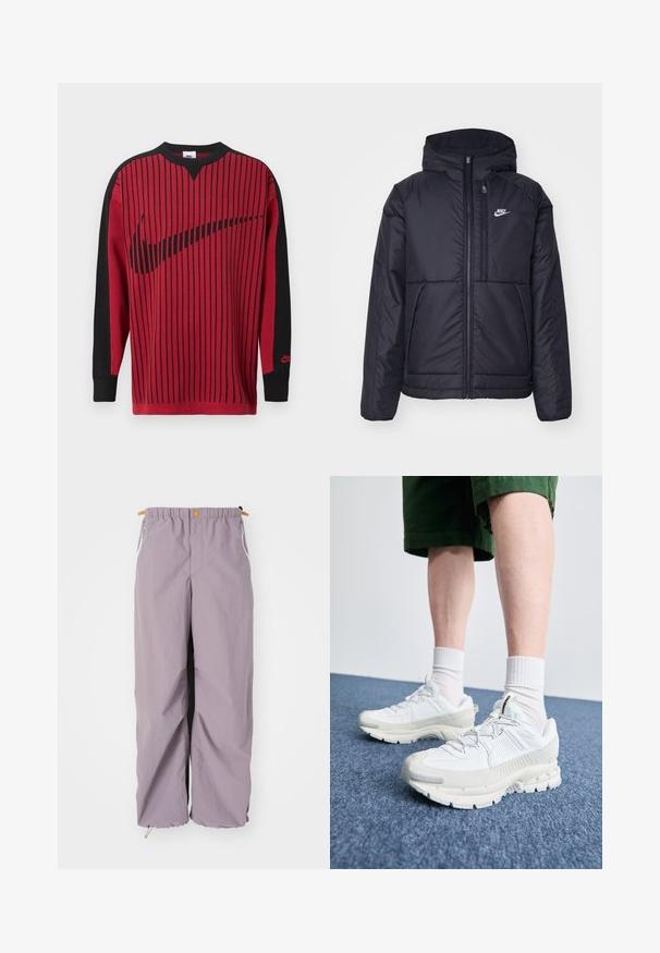 Jachetă Nike neagră, căptușită, cu fermoar pe față și glugă. Prezintă un logo alb pe pieptul stâng și două buzunare frontale. Textură exterioară netedă.; Hanorac tricotat roșu cu dungi verticale negre, mâneci negre și un logo Nike negru. Prezintă un guler rotund și manșete ribbed.; Pantaloni de vânt de culoare mov deschis, cu talie elastică, fermoare laterale și tiv cu șnur; fabricate dintr-un material ușor, rezistent la apă.; Pantofi sport albi cu suprapuneri texturate, talpă masivă și accente gri. Purtați cu șosete albe până la glezne și pantaloni scurți verzi pe o suprafață albastră.