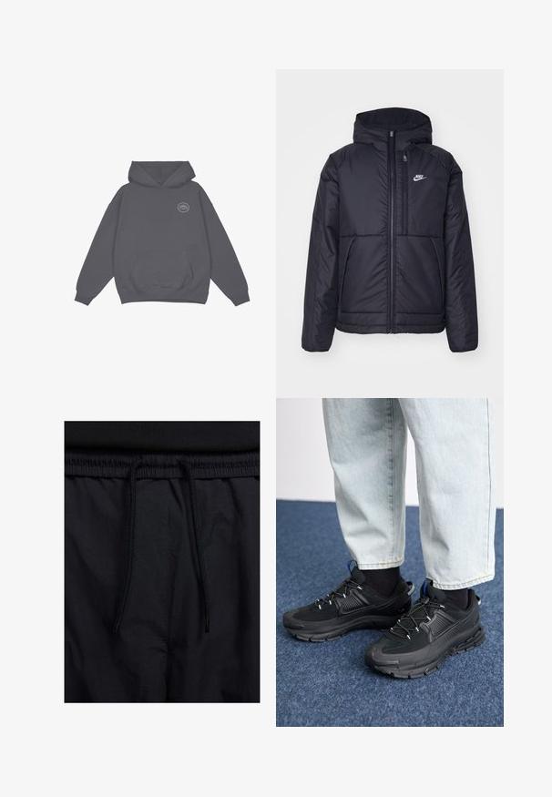 Casaco Nike preto, acolchoado, com fecho à frente e capuz. Apresenta um logo branco no lado esquerdo do peito e dois bolsos frontais. Textura exterior lisa.; Hoodie cinza em algodão com um bolso frontal, capuz ajustável com cordão e um logotipo circular na área do peito esquerdo. Textura suave.; Calções pretos com um cós elástico ajustável, fabricados em tecido leve com uma textura suave e um design simples, sem logótipos ou padrões visíveis.; Sapatilhas desportivas pretas com tecido texturizado e solas em borracha, apresentando atacadores elásticos e um detalhe azul no calcanhar. Usadas com calças de ganga claras.