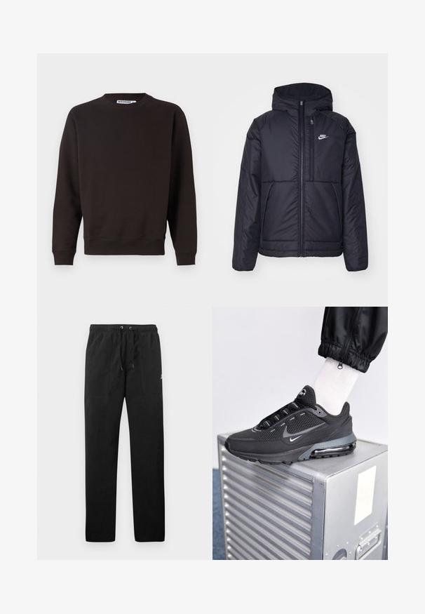 Chaqueta acolchada negra de Nike con cremallera frontal y capucha. Presenta un logo blanco en el lado izquierdo del pecho y dos bolsillos frontales. Textura exterior suave.; Sudadera marrón oscuro, cuello redondo, mangas largas, puños y dobladillo acanalados, textura suave, sin patrones ni gráficos visibles.; Pantalones deportivos negros de felpa, con una cinturilla elástica con cordones, dos bolsillos delanteros y un pequeño logo en el muslo.; Nike Sportswear PULSE - Zapatillas - black/anthracite