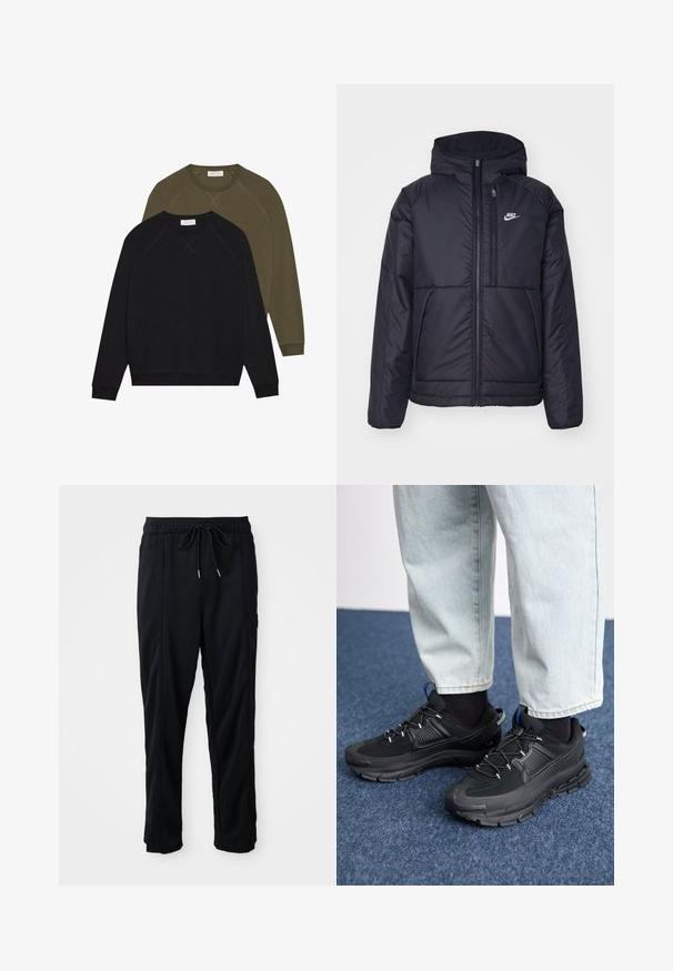 Giacca Nike nera, imbottita, con zip frontale e cappuccio. Presenta un logo bianco sul lato sinistro del petto e doppie tasche frontali. Texture esterna liscia.; Due felpe con colletto a girocollo, una nera e una verde oliva, con maniche raglan e cuciture visibili. Tessuto morbido, senza motivi.; Pantaloni casual neri con elastico in vita, tasche laterali e taglio dritto su uno sfondo uniforme.; Scarpe sportive nere con tessuto testurizzato e suole in gomma, dotate di lacci elastici e un accento blu sul tallone. Indossate con pantaloni in denim chiaro.