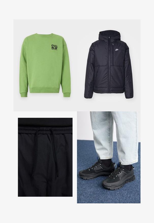 Svart, polstret Nike-jakke med frontglidelås og hette. Har en hvit logo på venstre bryst og doble frontlommer. Glatt ytterside.; Grønn sweatshirt med rund hals, lange ermer, ribbede mansjetter og et grafisk trykk i svart på venstre bryst. Mykt, teksturert stoff.; Sorte shorts med snor i livet, lett stoff med en jevn tekstur, og et enkelt design uten synlige logoer eller mønstre.; Svarte sportssko med teksturert stoff og gummisåler, med elastiske lisser og en blå detalj på hælen. Brukt med lyse denimbukser.