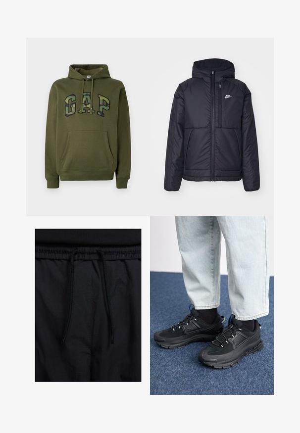 Casaco Nike preto, acolchoado, com fecho à frente e capuz. Apresenta um logo branco no lado esquerdo do peito e dois bolsos frontais. Textura exterior lisa.; Sweatshirt verde-azeitona com bolso canguru na frente, capuz com cordão e logotipo "GAP" em padrão de camouflage no peito.; Calções pretos com um cós elástico ajustável, fabricados em tecido leve com uma textura suave e um design simples, sem logótipos ou padrões visíveis.; Sapatilhas desportivas pretas com tecido texturizado e solas em borracha, apresentando atacadores elásticos e um detalhe azul no calcanhar. Usadas com calças de ganga claras.