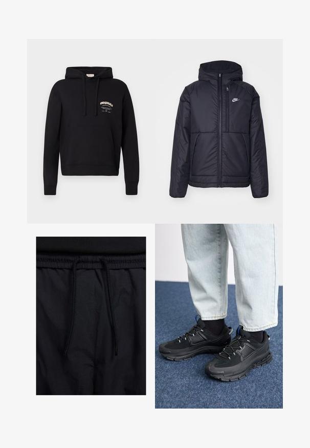 Casaco Nike preto, acolchoado, com fecho à frente e capuz. Apresenta um logo branco no lado esquerdo do peito e dois bolsos frontais. Textura exterior lisa.; Sweatshirt preto com bolso frontal, capucho com cordão e um logótipo branco na parte do peito. Confeccionado em tecido de algodão macio.; Calções pretos com um cós elástico ajustável, fabricados em tecido leve com uma textura suave e um design simples, sem logótipos ou padrões visíveis.; Sapatilhas desportivas pretas com tecido texturizado e solas em borracha, apresentando atacadores elásticos e um detalhe azul no calcanhar. Usadas com calças de ganga claras.