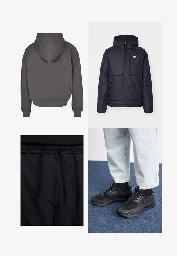 Melna, pufota Nike jaka ar priekšējo rāvējslēdzēju un kapuci. Iezīmēta ar baltu logotipu uz kreisās krūtis un divām priekšējām kabatām. Gluda ārējā tekstūra.; Pelēks īss kapuce ar auklu, ribotas piedurknes un apakšmala. Mīksta auduma tekstūra ar tīru, minimālistisku dizainu.; Melni šorti ar sašūtu jostu, viegls audums ar gludu tekstūru un vienkāršs dizains bez redzamiem logotipiem vai paraugiem.; Melni sporta apavi ar strukturētu audumu un gumijas zoli, ar elastīgām auklām un zilu akcentu uz papēža. Nēsāti ar gaišām džinsu biksēm.